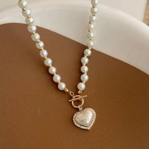 Faux Pearl Decor Heart Charm OT Buckle Necklace