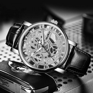 Men Cut Out Dial Round Pointer Quartz Watch