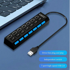 Black Independent Switch 7-Port Splitter HUB, USB 2.0 Multi-Interface Hub