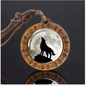 Wolf Pattern Glass & Wooden Pendant Necklace