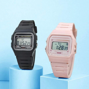 2pcs Couple Black & Pink TPU Strap Sporty Square Dial Digital Watch