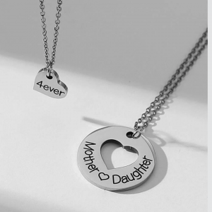 2 pcs Stainless Steel Heart & Round Pendant Necklace 