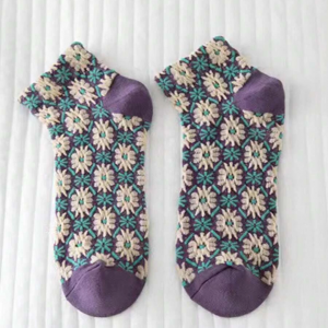 Floral Pattern Casual Ankle Socks-Purple