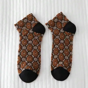 Floral Pattern Casual Ankle Socks-Brown