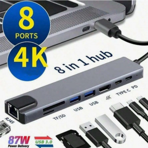 8-In-1 Type-C Docking Station With SD/TF Card Reader, High-Speed Ethernet Port, USB C, PD, 4K Video Converter