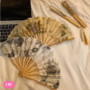 1pc Folding Bamboo Fan For Girls With Tassel & Flowers