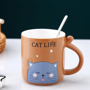 Ceramic Mug With Coaster-Beige Cat