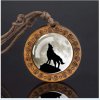 Wolf Pattern Glass & Wooden Pendant Necklace