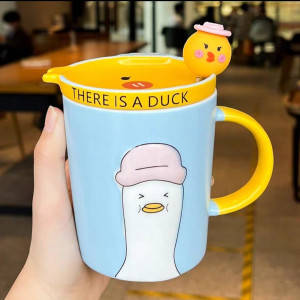 Ceramic Mug With Coaster-Light Blue Duck