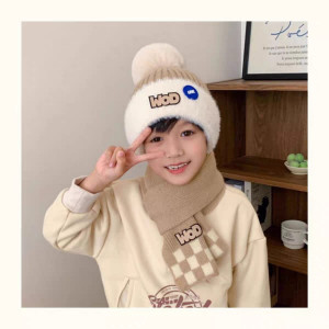 Set Of 2pcs Breathable Kids Hat Scarf Set, Winter Warm Soft mohair wool-Mustard
