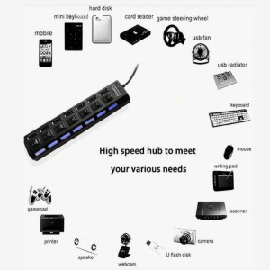 Black Independent Switch 7-Port Splitter HUB, USB 2.0 Multi-Interface Hub