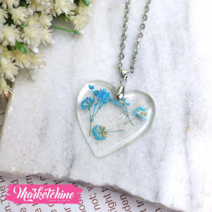 Resin Necklace-Heart-Blue Baby Flower