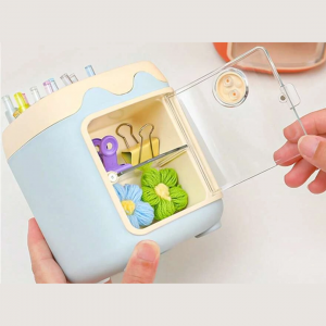 Acrylic Pig Pen Holder &Stationery Organizer Box With Random Sticker-Light Blue