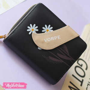 Leather Wallet-Black Daisy Flower 