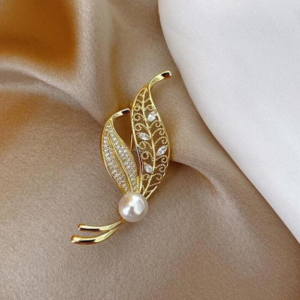 Double Leaves Brooch With Pearl & Rhinestone 