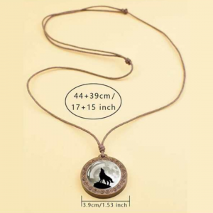 Wolf Pattern Glass & Wooden Pendant Necklace