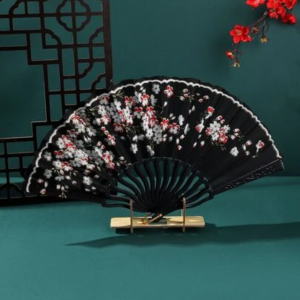 Black Floral Pattern Folding Fan 