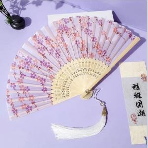  1pc Flower Print Tassel Decor Folding Fan