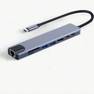 8-In-1 Type-C Docking Station With SD/TF Card Reader, High-Speed Ethernet Port, USB C, PD, 4K Video Converter