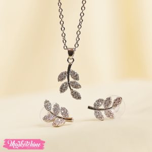 Set Of Stainless Steel Earring & Necklace-Silver Leaves 