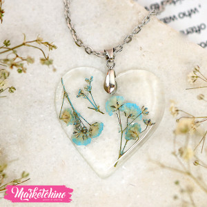 Resin Necklace-Heart-Blue Baby Flower