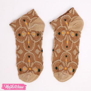  Floral Pattern Fashionable Ankle Socks-Beige