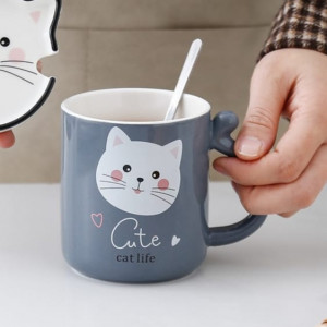 Ceramic Mug With Coaster-Gray Cat