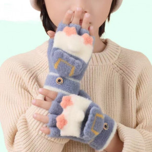soft wool mohair Convertible Gloves Winter Outdoor Cold proof Warm Finger less Gloves-Dark Blue