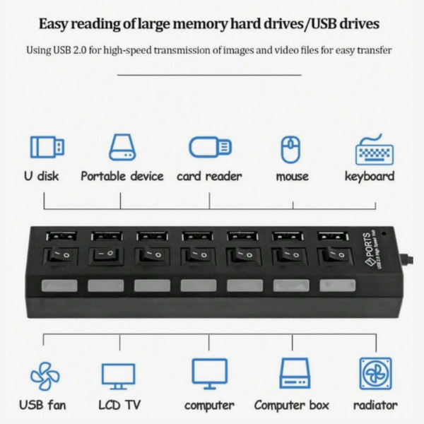 Black Independent Switch 7-Port Splitter HUB, USB 2.0 Multi-Interface Hub