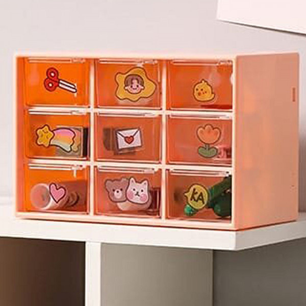 9 Drawers Stationery Organizer Box With Random Sticker-Pink