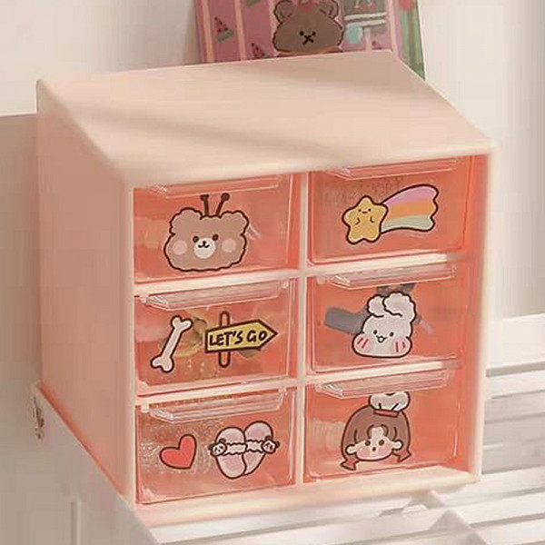 6 Drawers Stationery Organizer Box With Random Sticker-pink