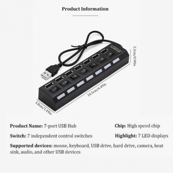 Black Independent Switch 7-Port Splitter HUB, USB 2.0 Multi-Interface Hub