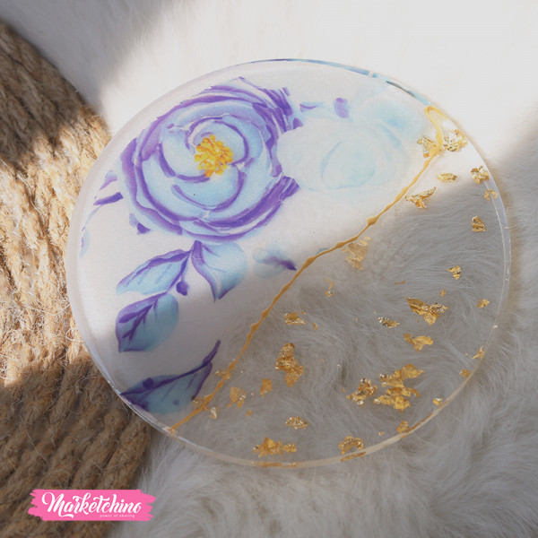 Coaster Resin-Blue Flower&Gold Leaf 