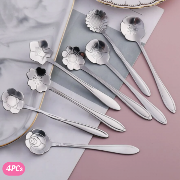 4pcs Flower Design Spoon, Silver Stainless Steel Flower