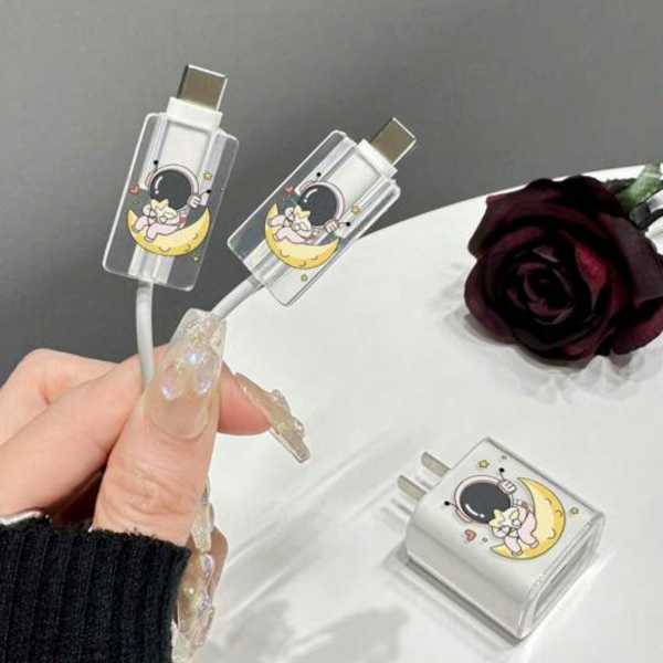 Set Of 3pcs Cartoon Astronaut Pattern Clear Data Cable Protector Iphone