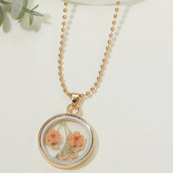 Flower Pressed Round Pendant Necklace