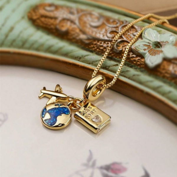 Gold-Plated Dripping Oil Airplane & Map & Passport Travel Necklace