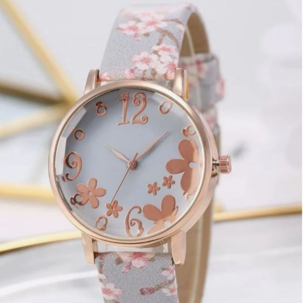 Flower Detail Round Dial Pointer Quartz Watch