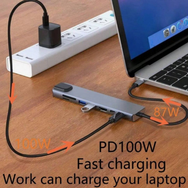 8-In-1 Type-C Docking Station With SD/TF Card Reader, High-Speed Ethernet Port, USB C, PD, 4K Video Converter