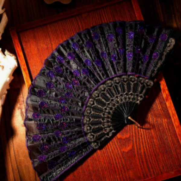  Vintage Purple Lace Decorated Folding Hand Fan With Flower Pattern