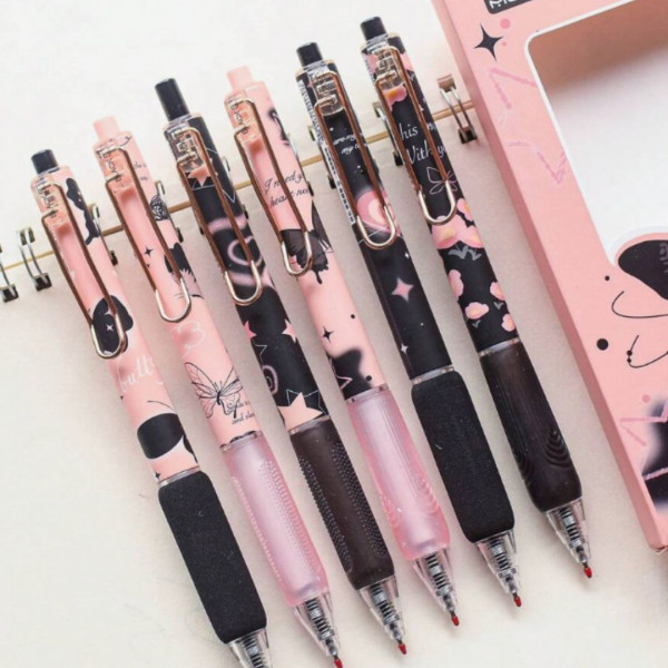 6pcs Black Frost Butterfly Ins Style Neutral Pen, Soft Grip, , Black Ink, 0.5 mm 