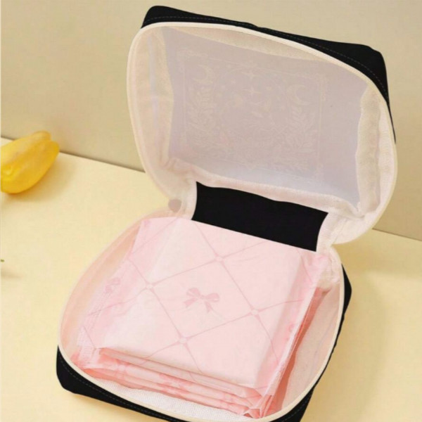 **Black Random Pattern Menstrual Pad Organizer Sanitary Napkin Storage Bag  Details:	Ruched Color:	Multi color Pattern Type:	Animal, Plain, Random Print Strap Type:	Adjustable Type:	Single Layer Make Up Bag Batteries Included:	No Power Supply:	None Closur