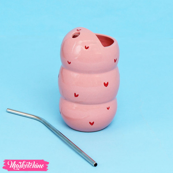 Pottery Mug With Random Stainless Straw - Hearts