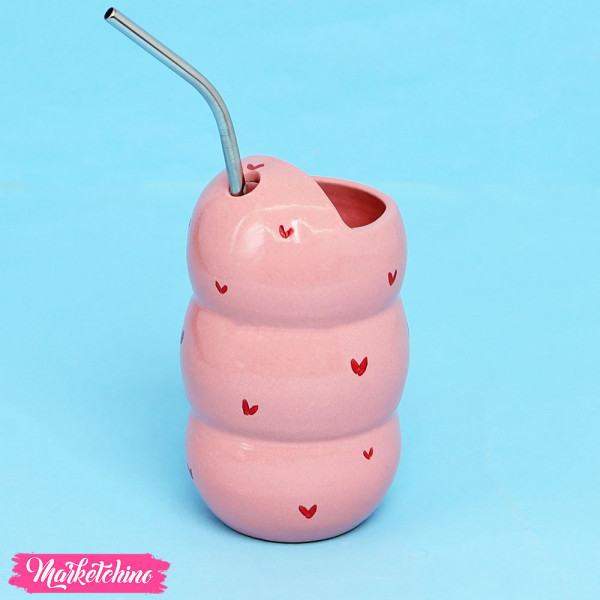 Pottery Mug With Random Stainless Straw - Hearts