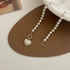 Faux Pearl Decor Heart Charm OT Buckle Necklace