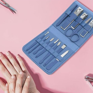 Set Of 12pcs Stainless Steel Nail Clip Professional Skin Care Tools with Leather Travel Case - Blue 